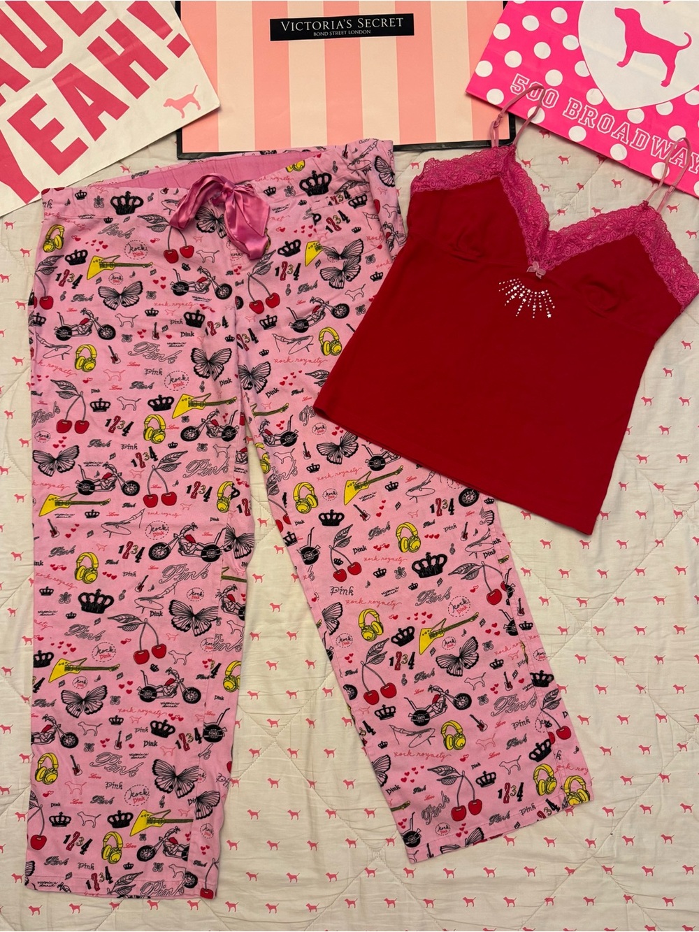 VS PINK VINTAGE Y2K PAJAMA SET PJ PANTS & LACE TRIM CAMI TANK BUTTERFLIES DOG L
